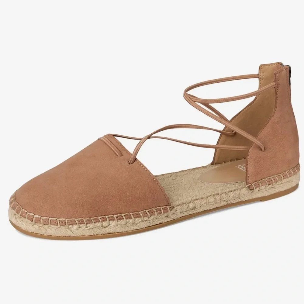 Eileen Fisher Tan Leather Espadrille Flat Elastic Straps Zip Heel Closure SZ 7